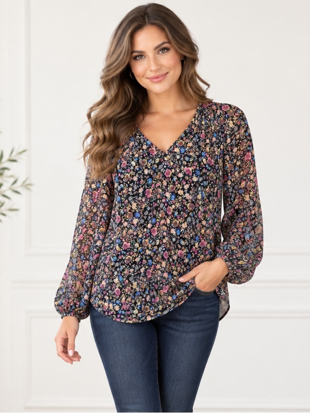 Daniel Rainn Allover Micro Floral Long Sleeve V-Neck Blouse - Medium